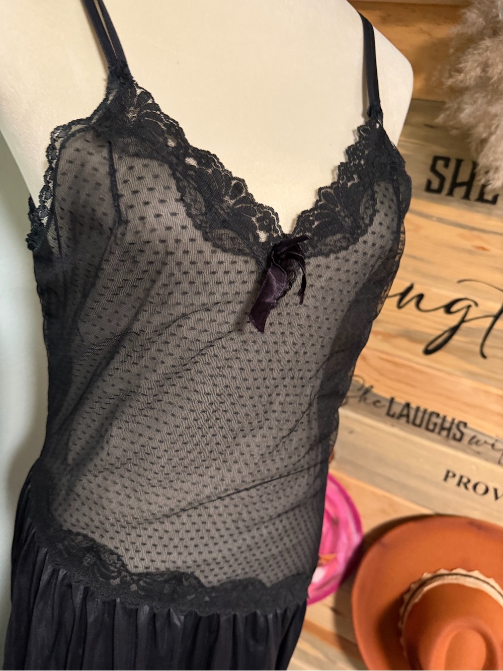 Vintage Black Lace Trim Sheer Slip Dress - Picture 4 of 7